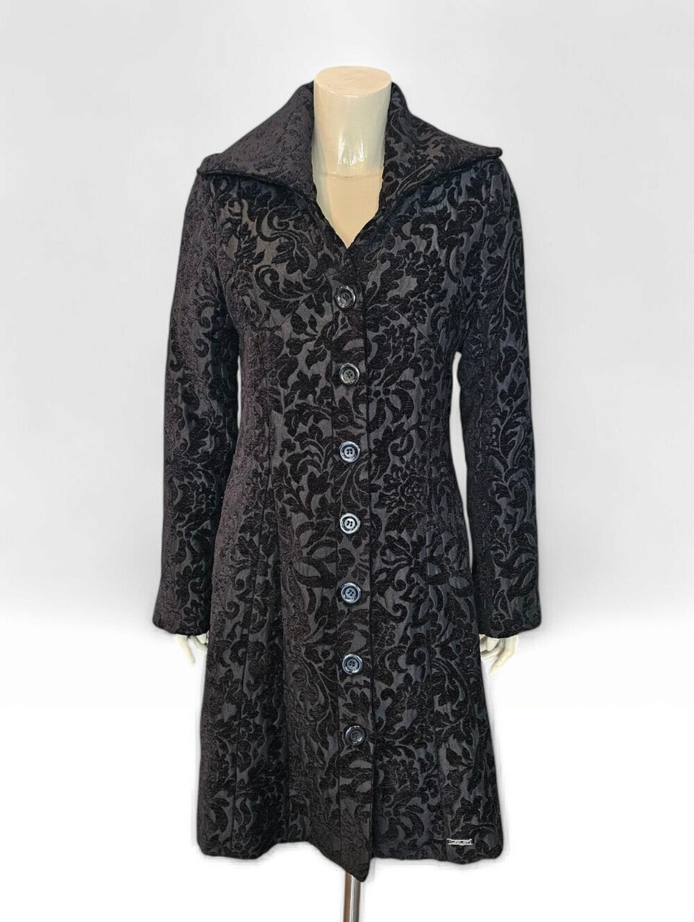 DESIGUAL Women Black Jacquard Textured Chenille Floral Coat 44/XL